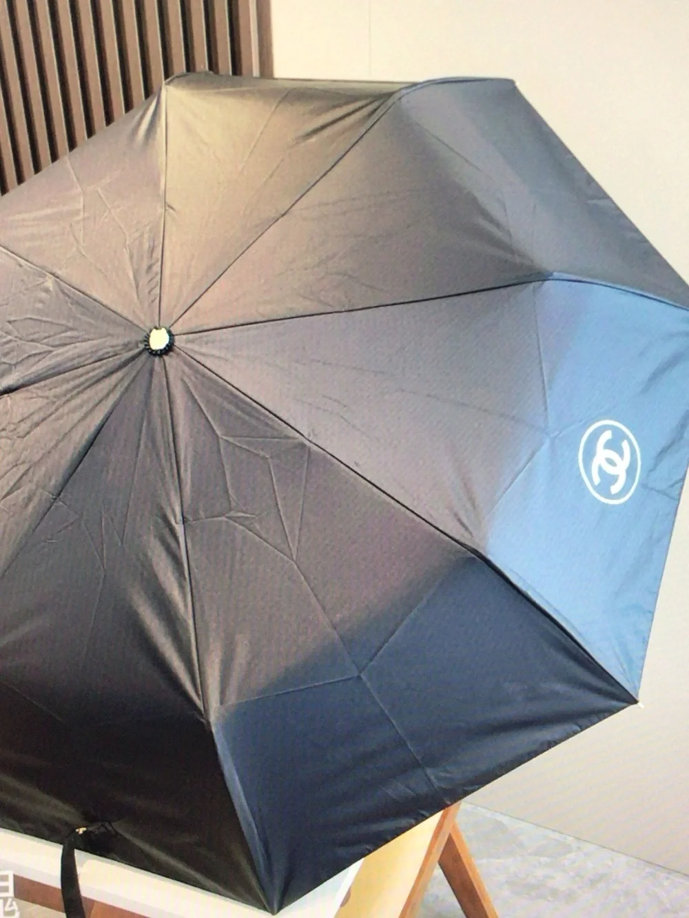 CHANEL Black Compact Umbrella with Blue Rose Handle